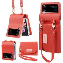 挂绳钱包皮革手机壳适用于三星 Galaxy Z Flip 3 4 5 6 7 5g 卡槽支架手机保护套带绑带 - 橘色 - 查看 5