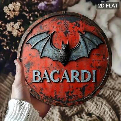 Placa de pared de arte vintage de Bacardi - Señal redonda de metal de 20x20cm con diseño de murciélago desgastado en rojo y negro, perfecta para la decoración del bar en casa y como idea de regalo, decoración de pared de metal, perfecta para la decoración de la habitación