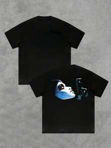 Mysterious Woman Holding Gun Graphic Tee 220g Cool Blue Hues Intriguing Artwork HighQuality Cotton Fabric Comfortable Fit - 黑色 - 查看 1