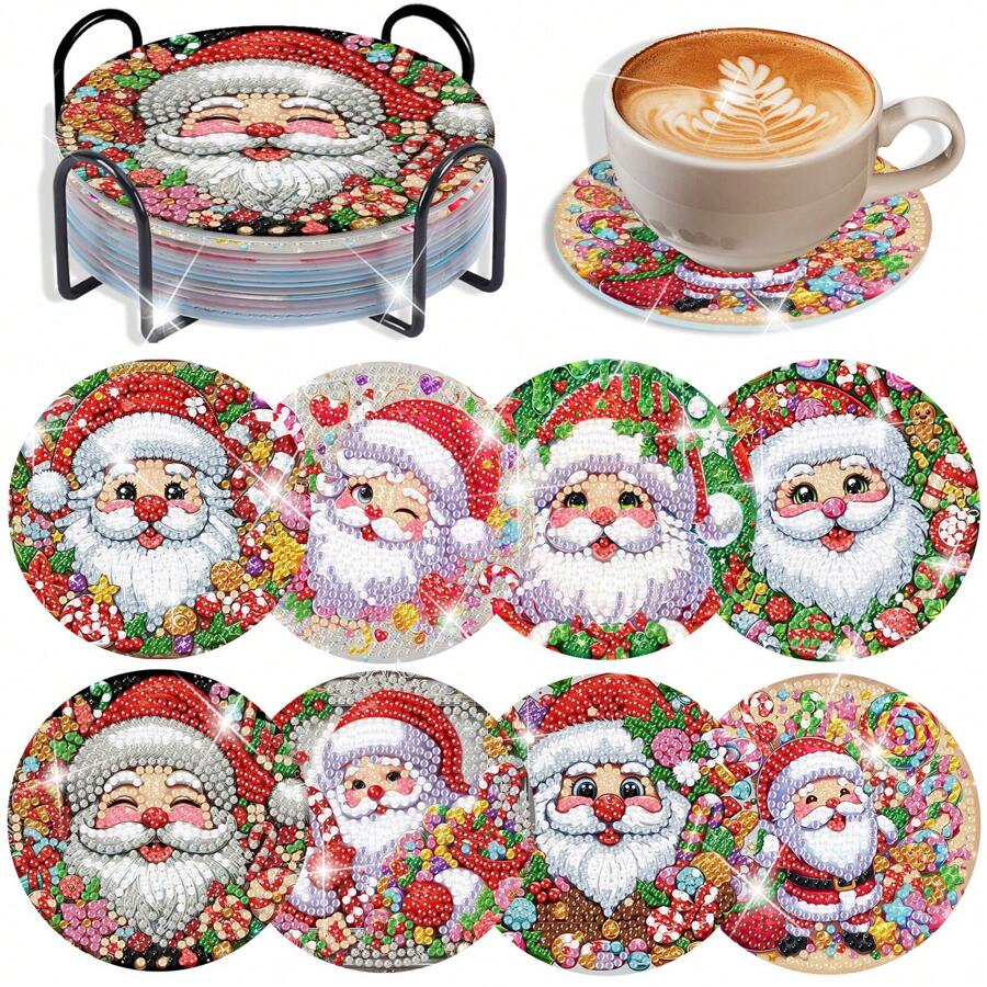 8pcs Christmas Santa Claus 5D Diamond Painting Coaster Set, Exercising Hands-On Ability, Green & Colorful, Suitable For Beginners, Acrylic Diamond Stickers On Cork Coaster Base, Heat Insulation Coasters For Dining Table, Comes With Tools And Iron Stand