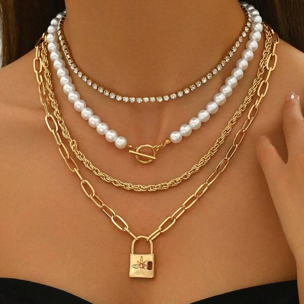 Übertrieben modischer retro Perlenkette mit OT-Schnalle, Ketten-Anhänger Mehrschicht-Choker-Kette, geeignet für Hochzeit, Party, Strand