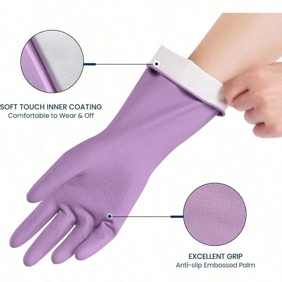 Rubber Cleaning Gloves For Dishwashing, 4 Pairs Reusable Kitchen Gloves For Washing Dishes And Household Cleaning, Colorful Dish Gloves With Flocked Lining And Non-Slip Grip, Pefect For Woman Men - M - Hồng - Xem 1