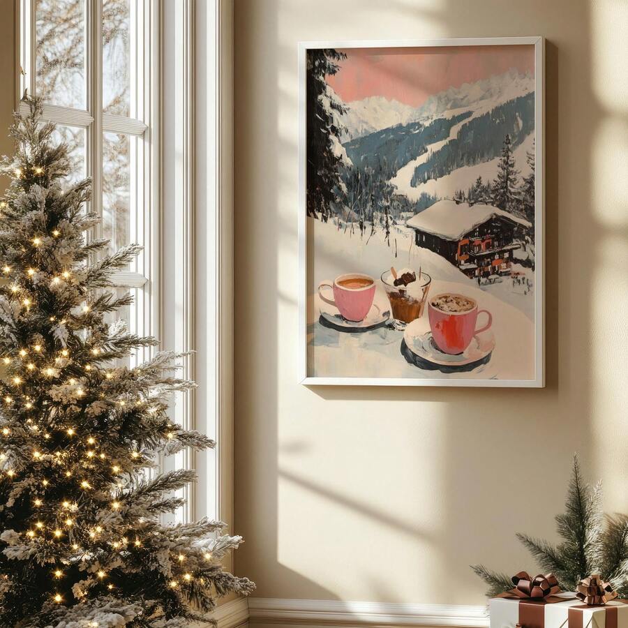 1 pezzo, Quadro su tela, Decorazione natalizia da parete incorniciata, Stampa artistica di una ragazza con cioccolata calda, Stampa artistica di un carrello bar da stazione sciistica, Decorazione moderna da caffè con scena invernale, Decorazione natalizia per la casa, Arte da parete minimalista, Arte moderna, Decorazione contemporanea per la casa, Decorazione da parete per il soggiorno