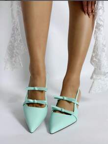 Spring/Summer New Bowknot Patent Leather Pointed Toe Stiletto High Heel Sandals With Ankle Strap - Green - View 2