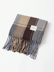 女士格子围巾 - 100% 梭织长披肩，流行款式，厚实保暖，适合大学校园穿着，无弹性装饰格子图案，防风无填充物，是连衣裙保暖围巾的理想之选。 - 貼標格子藍咖 - 查看 5