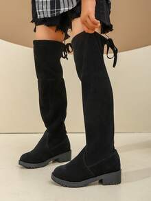 1 双经典时尚四季过膝高筒靴，适合日常穿着和度假，女童靴 - 黑色 - 查看 6