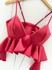 Women's  Crop Top With Ruffles And Padded Cups - Red - View 2