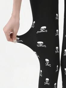 1件装女士万圣节骷髅印花保暖内衬紧身连裤袜，冬季保暖时尚，舒适保暖 - 黑色 - 查看 5