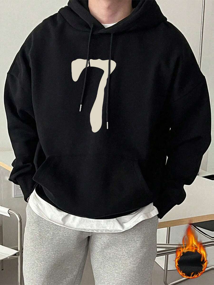 Men's Casual Number "7" Print Pocket Drawstring Hoodie, Autumn/Winter, Long Sleeve Top