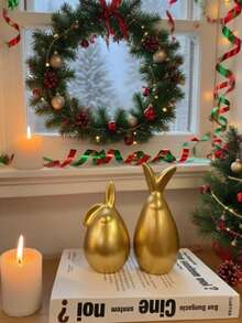 2pcs Gold Rabbit Figurines, Elegant Autumn Decor, Creative Resin Ornaments, Luxurious Holiday Home Decor, Theme Party Accents, Suitable For Dining Room, Living Room, Autumn Decor Area, Windowsill, Home Decoration, Autumn Decor, Theme Party Decoration Christmas Decorations Room Decor Christmas