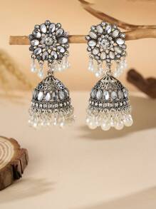 优雅的南亚风格彩色吊坠耳环，镶嵌水滴水钻、流苏饰物、仿珍珠耳饰，适合女性日常佩戴、节日、婚礼和派对、女性礼物