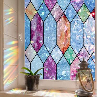  1卷彩虹摩洛哥风格隐私窗膜，3D彩色静电吸附可移除乙烯基门贴，防紫外线隔热，无胶，适用于家居装饰（17.53英寸*118英寸），适合客厅、圣诞派对、LPS圣诞背景等。