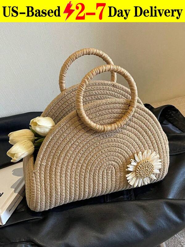 Round Straw Beach Shell Purse For Women Large Summer Beach Handbags Raffia Tote Bag Basket Purse With Round Top Handle, Khaki,Simple Retro Fashion Hand-Woven Summer Beach Tote Straw Bag Purse With Sea Shell For Women,Straw Semi-Circular Tote Bag,Ring Top-Handle Woven Basket With Daisy Decor,Bohemia Travel Crossbody Bags,Women's Fashionable Solid Color Handbag For Summer,Outdoor Picnic Basket,Perfect For Gifts,Storage,And Living Room Decor,Summer Essentials Women Bags, Beach Essentials Women Bags For Vacation & Holiday, Fashionable Vacation Bag For Summer, Summer Straw Beach Bag For Women, Hottest Beach Bags For Women, Newest Holiday Bag