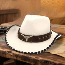 New Western Cowboy Hat With Faux Cowhide Leather Band, Stylish Wide Brim Vintage Boho Hat For Men  Women - Beige - View 3