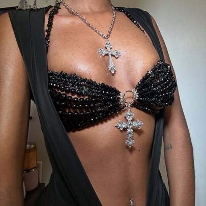  Glossmoon European And American Style Black Cool Cross Pendant Bra Chain Sexy Multi-Layer Beaded Body Chain Light Luxury High-End Beachwear Sexy Elegant Accessories