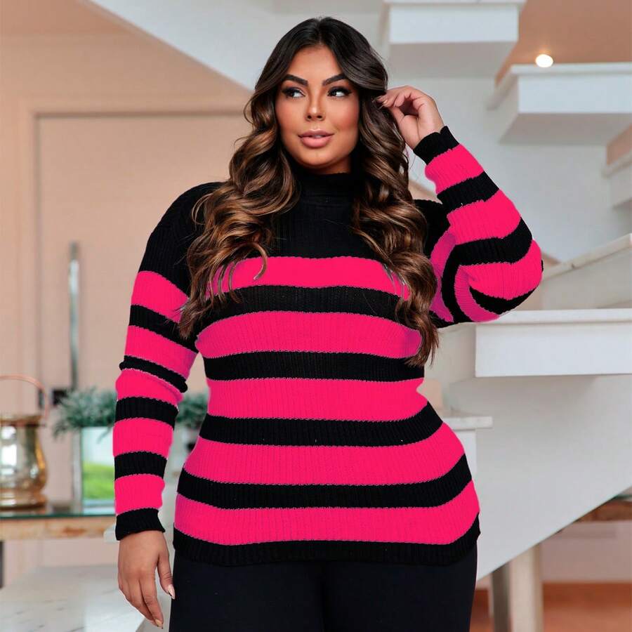 Plus Size Cold Knit Cacharrel Blouse With Thick Stripes And High Neck For Women - Rosa Fucsia - Ver 1