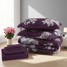 7pcs Fashionable Flower Printed Bed Comforter Set, 100% Polyester Soft Comfortable And Durable Summer Bedding Set, Include 1 Comforter+1 Flat Sheet+1 Fitted Sheet+2 Pillowcases+2 Pillowsham,All-Season, Bed In A Bag, Perfect Room Decor, Holiday Gift - Purple - View 7