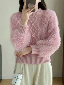 素色珍珠串珠毛茸茸套頭毛衣 - 粉色 - 查看 6