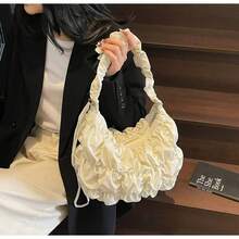 Korean Pleated Beach Cloud Tote Bag, Women's 2025 New Drawstring Shoulder Bag, Large Capacity Nylon Cloth Crossbody Shoulder Bag, Shoulder Bag, Women's Bag, Shoulder Bag - 米色 - 查看 4