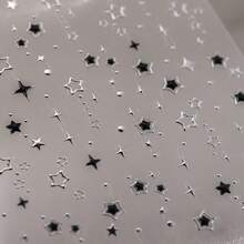 Whimsical Star Charm Nail Art Stickers - 3D Embossed, Cartoon Style, Glossy Finish, Self-Adhesive, Disposable, No Needle, Plastic Surface Embroidery Design, Perfect For Manicure And Pedicure Accessories - 黑色+銀色 - 查看 5