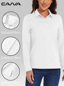 Cavva 女式 UPF50+ 长袖 Polo 衫 吸湿排汗 速干 轻盈透气 修身 侧开衩 防晒 高尔夫 网球 徒步 户外 - 白色 - 查看 3