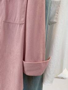 女士灯芯绒衬衫式外套，带口袋和纽扣领 - 纯色长袖秋冬假日旅行休闲装，女士秋季服装，法兰绒衬衫 - 粉色 - 查看 7