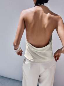 Womens Y2k Satin Backless Halter Tops Solid Color Silk Mock Neck Open Back Sleeveless Crop Tank Top Dressy Casual Summer Slim Fit Vest Shirts Going Out Tops Party Clubwear Streetwear Aesthetic Clothes - Màu be - Xem 2