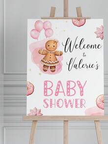 1pc Customizable Pink Balloon Gingerbread Welcome Sign For Baby Shower, Christmas Cookie Display Stand Poster, Sweet Baby Girl Entrance Sign, Christmas Decoration, Holiday Decor, Party Supplies, Editable, Printable - Multicolor - View 2