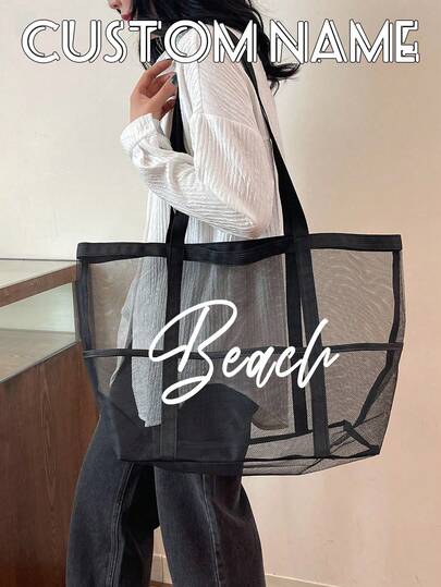 1pc Customized Transparent Beach Net Tote Bag, Suitable For Beach Vacation, Net Handbag, School Tote, Backpack, Portable, Foldable, Business Casual, Fit For Teenagers, Women, College Students, Teachers