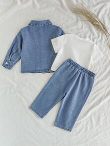 3pcs/Set Baby Boy Casual Short Sleeve T-Shirt, Long Sleeve Denim Shirt, And Dual Pocket Denim Pants, Vacation Style Versatile Retro Street - Blue - View 2