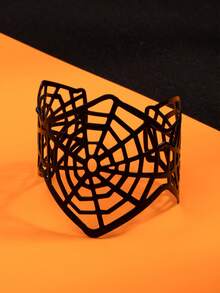 1 pièce Bracelet en métal lisse personnalisé et minimaliste à manchette ouverte exagérée, design de toile d'araignée creux rétro de niche, accessoire de bijoux d'Halloween - Noir - Voir 2