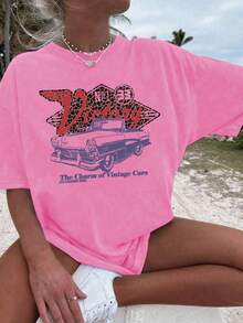 1pc Tween Girl Casual Leopard Print & Retro Car Color Graphic Round Neck Short Sleeve T-Shirt, Summer Student Young - Brings Joy & Happiness To Every Child! - 玫紅色 - 查看 2