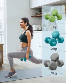 SONGMICS Hex Dumbbells Set With Stand - 2 X 1 Kg, 2 X 2 Kg, 2 X 3 Kg, Lime, Teal And Grey, Neoprene Matte Finish, Fitness Weight Exercise For Home Gym, Vinyl Coated - Multicolor - View 1