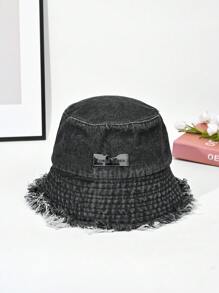 1pc Unisex Fashion Tassel Trim Denim Bucket Hat