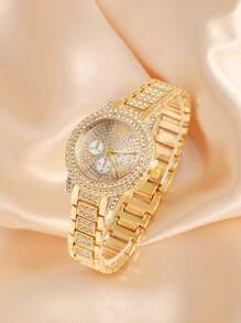 6件套奢华风格女士合金钢表带石英表，镶嵌钻石，三眼罗马数字和合金金首饰套装，心形钻石，适合晚宴派对 - 金色 - 查看 5