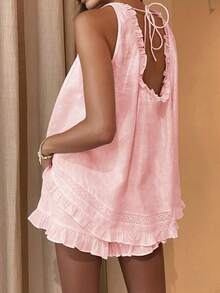Women's Summer Shorts Outfit Loose Fit Stylish Solid Ruffled Trim Sleeveless Tops And Shorts 2 Pcs Set - 粉色 - 查看 5