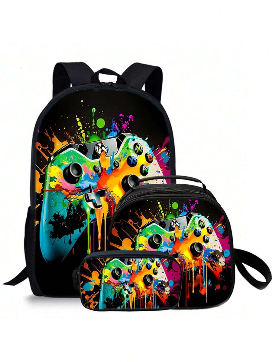 游戏手柄图案印花背包三件套（单层背包+肩带午餐袋+单层笔袋） - 黑色 - 查看 1