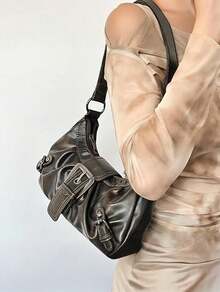 1pc Women's Retro Maillard Punk Wanderer Motorcycle Bag, Rivet Decoration, Adjustable Strap, Large Capacity, Soft Artificial Wax Leather, Ombre Colors, Shoulder & Crossbody Bag, Suitable For Work, Commute, Dating And Parties, Niche Design, Steampunk, Goth, Bag For Women, Cool Girls Street Wear, Perfect For Music Festival, Concert, Rock Style Bag For Women, Japanese Bag, Y2k Bag, Gothic Punk Bag For Women, 2000s Fashion Style Bag For Women, Vintage Bag For Women - màu nâu - Xem 5