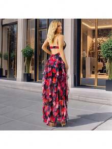 New Off-The-Shoulder European And American Women's Fashion Chiffon Print Fairy Long Temperament Evening Dress - đen và đỏ - Xem 2
