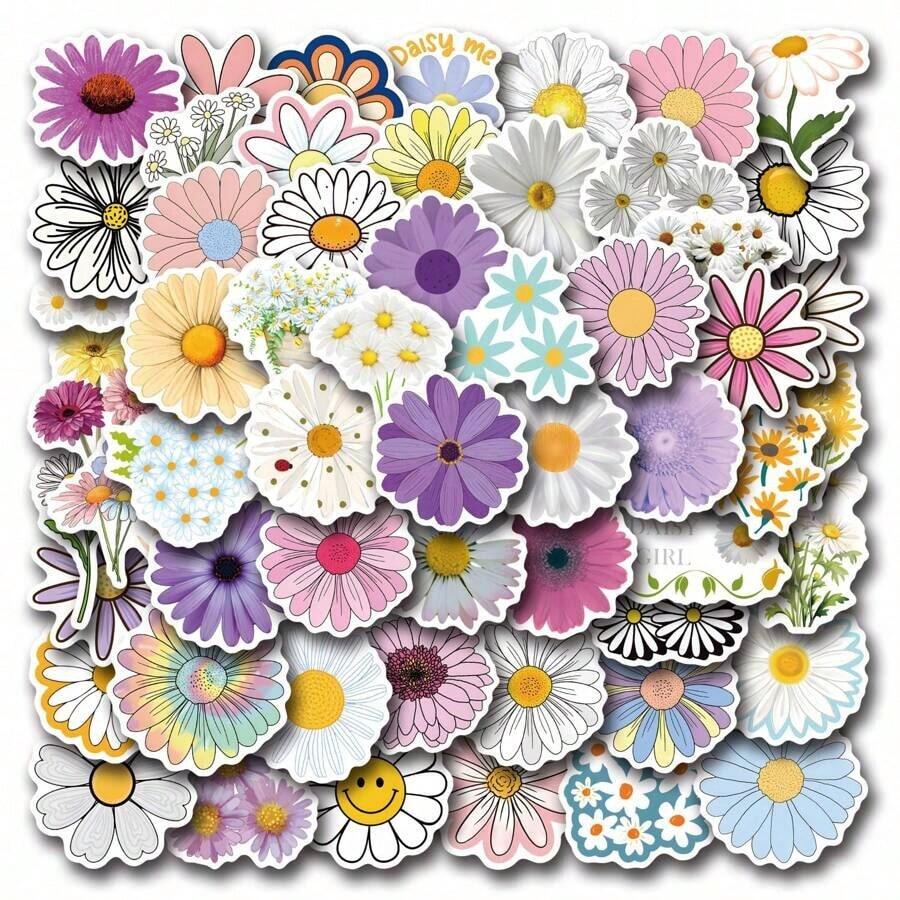 55PCS Cute Daisy Stickers Flower Stickers For Bottles Laptop Luggage Journaling, Beautiful Plants Stickers Vinyl Decals - 彩色 - 查看 1