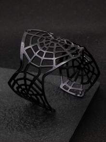 1 pièce Bracelet en métal lisse personnalisé et minimaliste à manchette ouverte exagérée, design de toile d'araignée creux rétro de niche, accessoire de bijoux d'Halloween - Noir - Voir 5