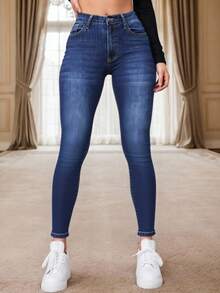 Jeans ajustados con lavado oscuro, Pantalones Clásicos Skinny de Mezclilla Levanta Gluteos para mujer vaqueros, Jeans pitillo elásticos con estampado con Diseño Deslavado de bigotes de gato para, Resalta Glúteos, Detalles Desgastados, Versátil, Casual. - Azul - Ver 1