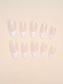 24片杏仁形美甲贴纸套装，瞬间提升您的美甲造型！优雅的法式白色，精致的粉色闪粉，时尚的奶油白法式闪粉美甲贴纸，全覆盖设计，适合女性和女孩。套装包含1张美甲贴纸、1个迷你指甲锉和1瓶果冻胶。美甲用品随机发货。 - 白色 - 查看 4