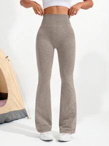 女式高腰纯色无缝喇叭形瑜伽紧身裤 - 卡其色 - 查看 3