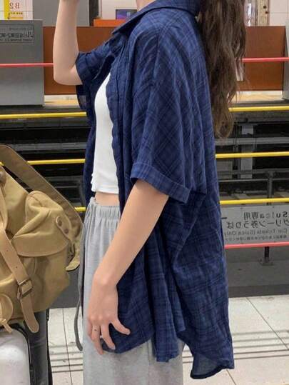 Unisex Retro All-Match Versatile Blue Plaid Oversized Short Sleeve Shirt