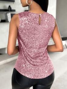 ChicMe Women's Shiny Sequin Sleeveless Round Neck Casual Fashionable Blouse - Pink - View 2