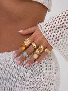 7pcs/Set Geometric Vintage Faux Gemstone Inlaid Asymmetrical Metal Rings Set, Luxurious Everyday Casual Women & Couples Jewelry Rings Gift For Birthday, Holiday