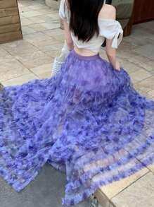 女式可爱花卉网眼拼布荷叶边下摆不对称长裙