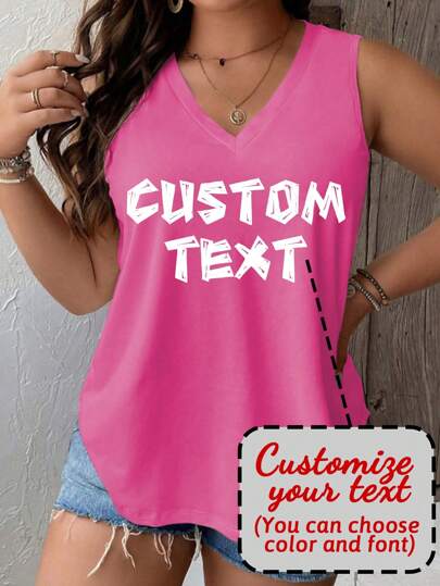 Tops sin mangas con cuello en V para mujer de talla grande personalizados - Agrega tu texto, selecciona fuentes y colores para el texto, personaliza tops sin mangas de talla grande, diseña tus propios tops impresos personalizados como regalos para tu novia, aniversario, cumpleaños, fiestas y talla grande.