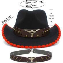Retro Carnival Cowgirl Hat For Women Men Bull Head Leather Belt Wide Brim Western Cap - trắng - Xem 7